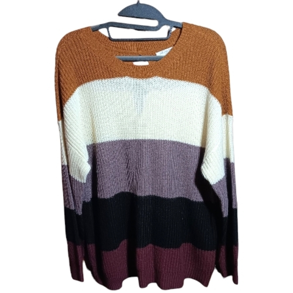FULL CIRCLE TRENDS Colorblock Plus Size Crewneck Striped Tie-Back Sweater 1X